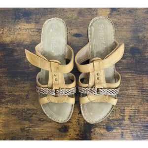 Patrizia Spring Step Wedge Sandals Womens Sz 9 Tan Leather Open Toe Boho Peasant